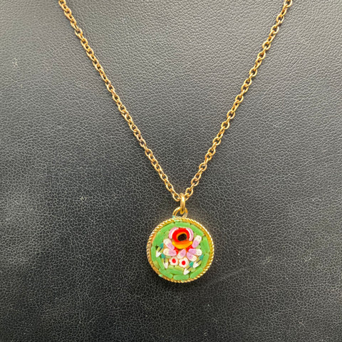 Vintage Italian Floral Micro Mosaic Pendant Necklace Gold Tone 18"