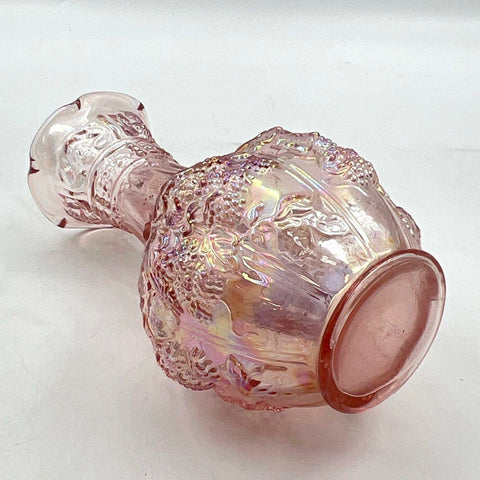 Carnival Glass Pink Grape and Leaf Pattern Vase Ruffled Rim 10.5 Inch Vintage