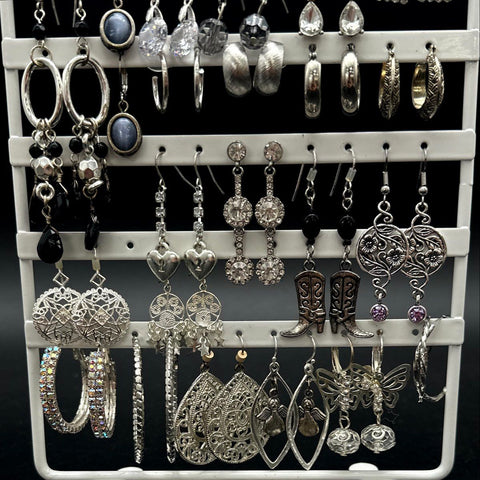 Fashion Earrings Lot 25+ Pairs Silver Gunmetal Rhinestone Hoops Dangle