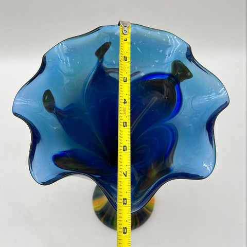 Art Glass Vase Blue Yellow Swirl Pulled Feather Signed Ruffled Rim 14 Inch