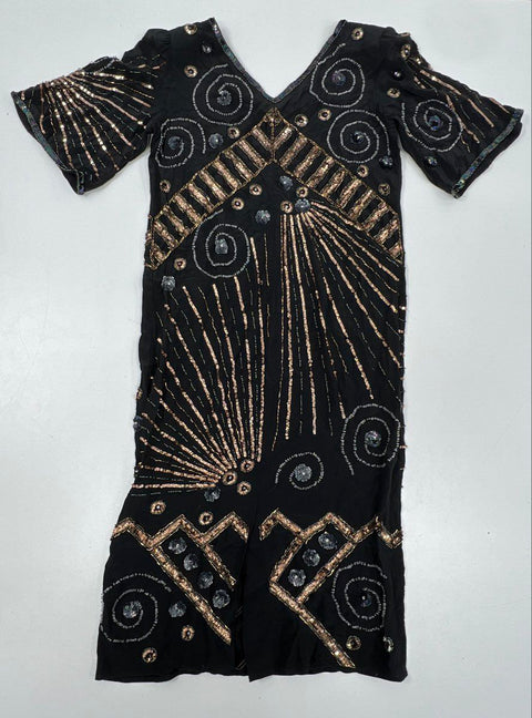 Vintage 80s Argenti Women's Black Silk Beaded Sequined Art Deco Dress Sz 6