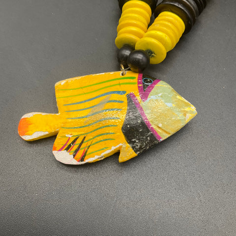 Vintage Hand Carved Wood Animal & Painted Fish Charm Necklaces Jewelry Lot of 2