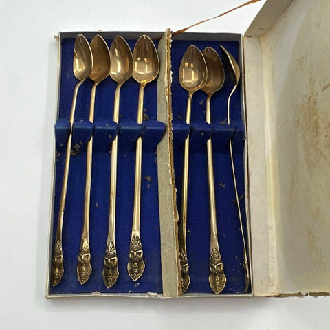 Vishnu Siam Brass Iced Tea Spoons 7 Piece Set Thai Goddess Figure Vintage