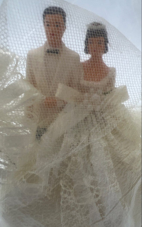Vintage Mid Century Wedding Cake Topper Bride Groom Floral Heart Arch Bell 10"