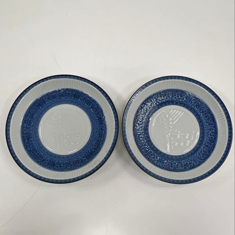 Vintage Japanese Blue & White Porcelain Plates Set of 2 Embossed Floral 10.75"