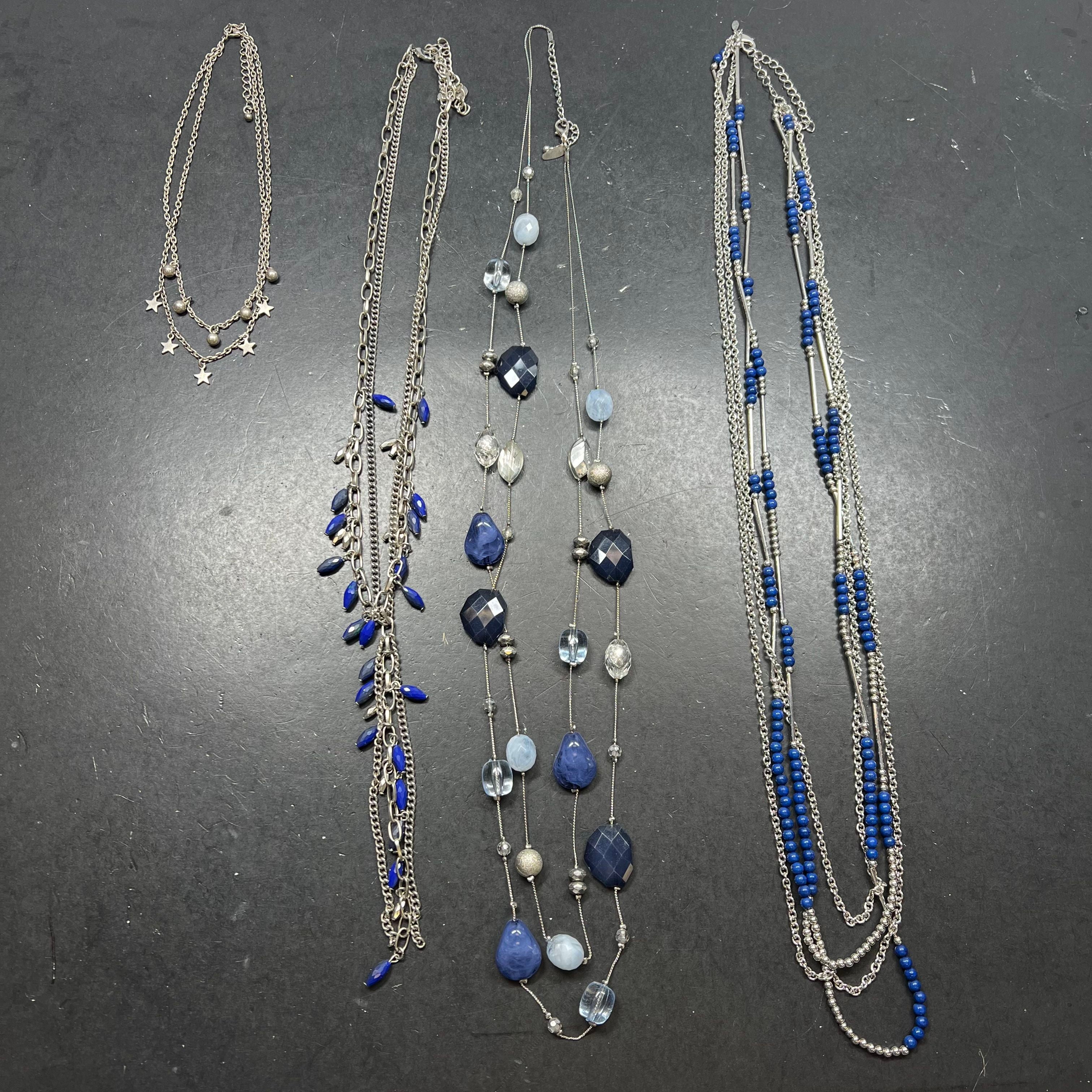 Navy Blue Silver Tone Beaded Chain Costume Jewelry Lot