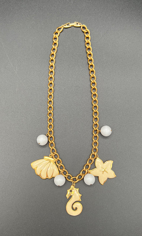 Vintage Napier Sea Life Charm 3 Piece Jewelry Set Gold Tone Cream Enamel