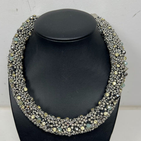 ZARA Glitzy Beaded Statement Collar Necklace Adjustable Silver Tone Signed