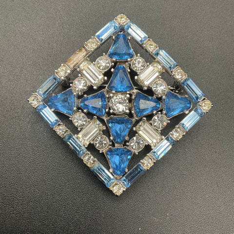 Vintage Bellini Silver Tone Blue Clear Rhinestone Geometric Lozenge Brooch 2"
