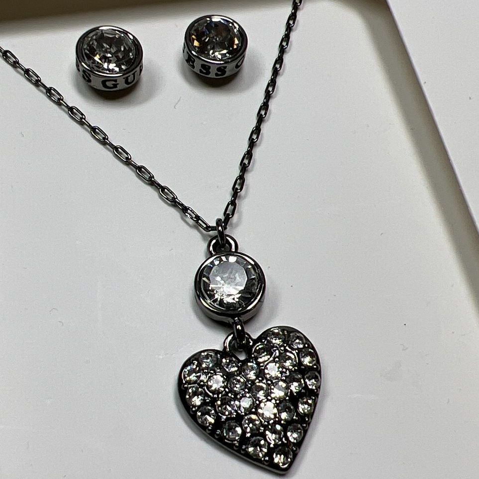 Guess Dark Metal Heart Rhinestone Necklace & Earrings Set NIB