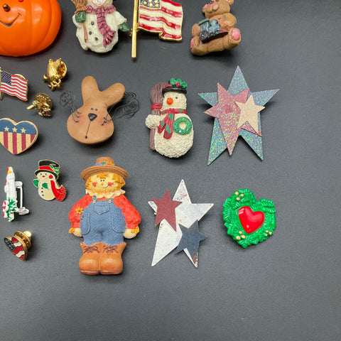 Holiday Novelty Jewelry Pin Lot 25+ Christmas Halloween Patriotic Enamel Resin