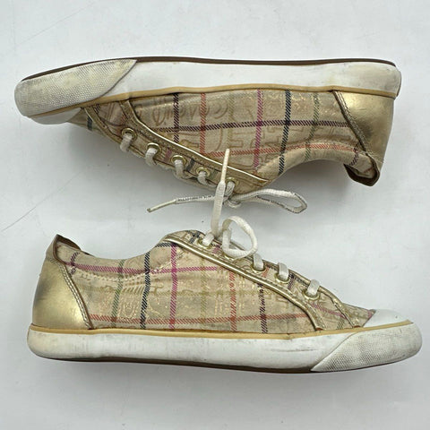 Coach Barrett Khaki Gold Plaid Signature Logo Low Top Sneakers Size 8.5