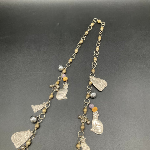 Artisan Silver Tone Cat Charm Necklace with Beads and Bells 16 Inch