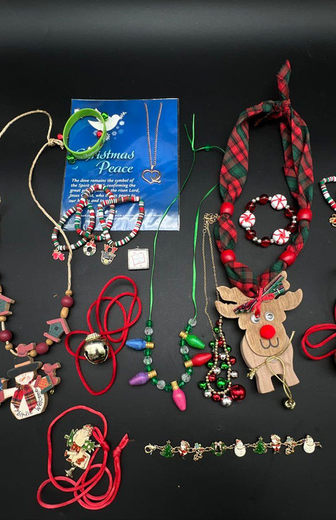 Holiday Christmas Costume Jewelry Lot 1 lb Reindeer Snowman Santa Beads Bells