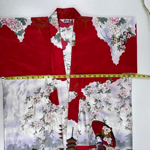 Vintage 90s Juguemm Women's Kimono Robe Red Geisha Pagoda Graphic Japan Sz 42