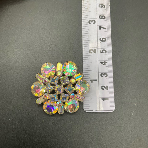 Vintage Weiss Aurora Borealis Rhinestone Brooch Silver Tone Signed Pin 2"