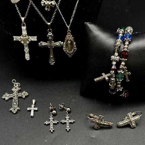 Religious Costume Jewelry Lot Silver Tone Cross Pendants Necklaces Earrings