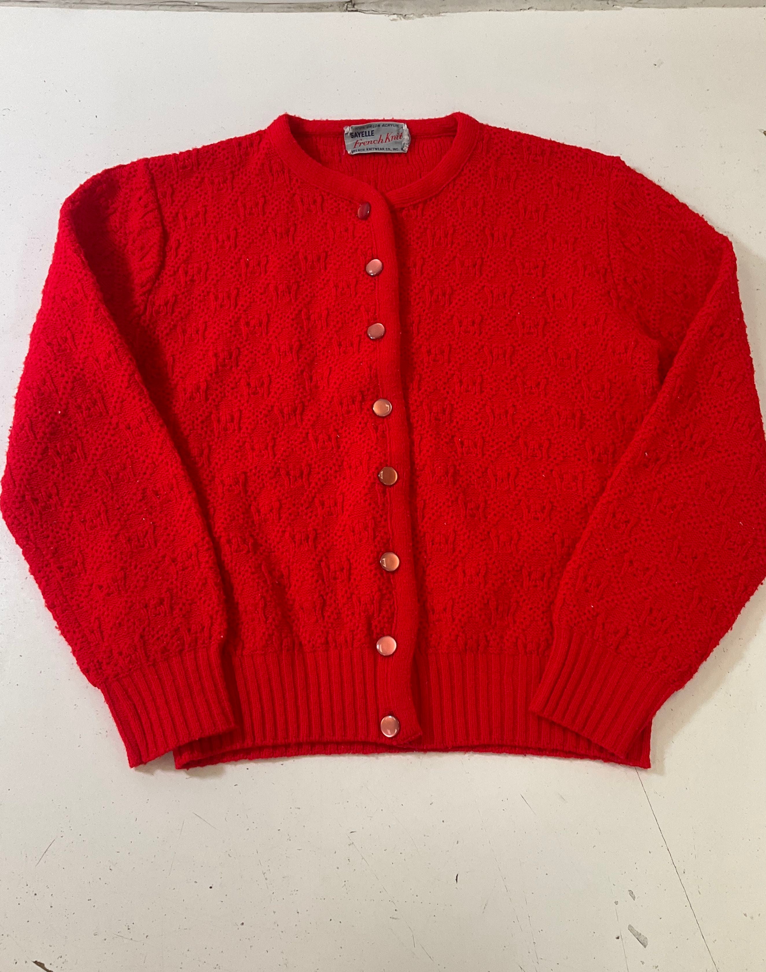 2 Vintage Women's Acrylic Sweaters Pink Short Sleeve & Red Cardigan Size Small