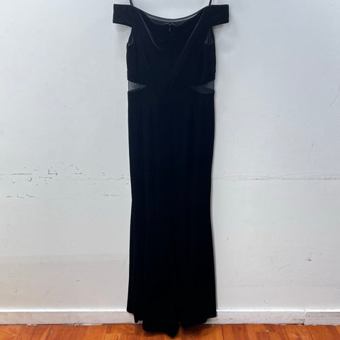 Xscape Women's Black Velvet Off-the-Shoulder Mesh Cutout Maxi Gown Sz 14 NWT