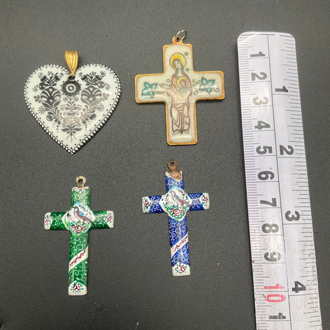 Vintage Enameled Copper Pendants Lot of 4 Cross Heart Folk Art Religious