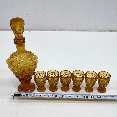 Pressed Glass Grape Harvest 7 Piece Decanter Set Amber 6 Footed Glasses Vintage
