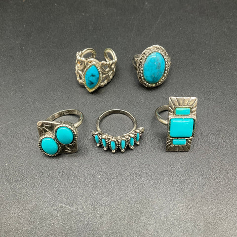 Vintage Silver Tone Faux Turquoise Adjustable Ring Lot of 5 Southwestern Style