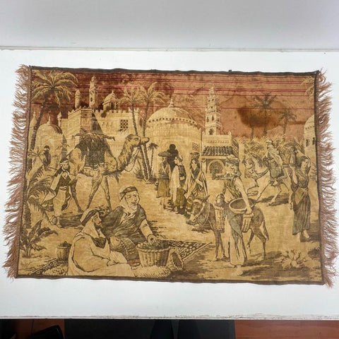 Vintage Orientalist Market Scene Woven Tapestry Wall Hanging Fringed Decor