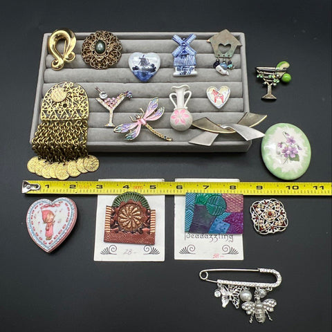 Vintage & Modern Brooch Pin Jewelry Lot of 17 Dragonfly Delft Enamel Filigree