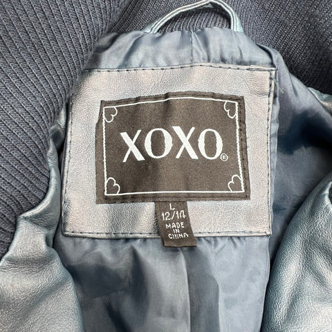 NWT XOXO Blue Gray Faux Leather Moto Cropped Bomber Jacket Juniors L