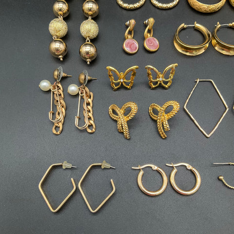 Vintage & Modern Gold Tone Jewelry Lot of 20 Pairs Hoops Studs Dangles Fashion