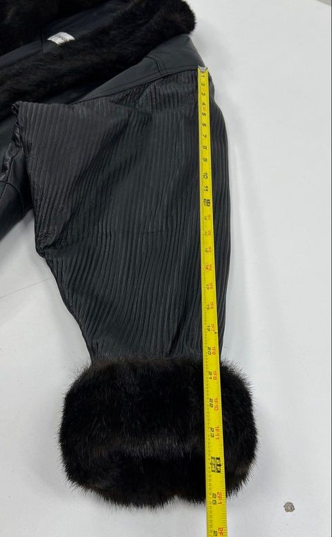 Vintage Charles Klein Black Leather Faux Fur Pleated Sleeve Jacket Coat Womens M