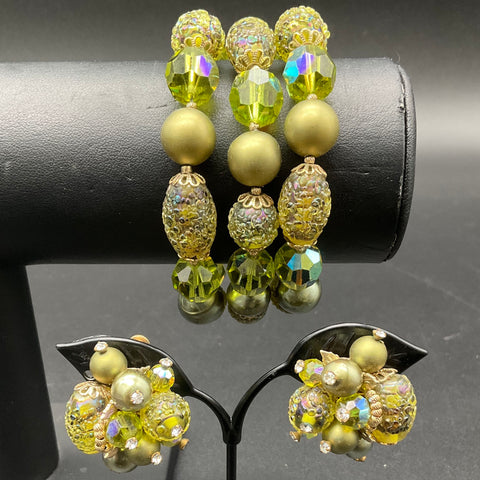 Vintage Vendome Green AB Crystal Glass Bead Demi Parure Bracelet Earring Set