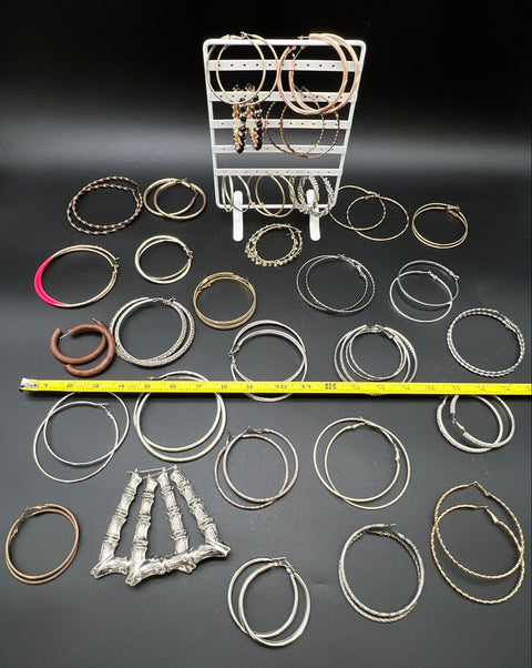Costume Jewelry Lot 30+ Hoop Earrings Gold Silver Tone Bamboo Rhinestone
