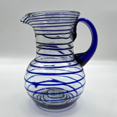 Hand Blown Art Glass Set Cobalt Blue Spiral Wrap Pitcher and 6 Tumblers Vintage