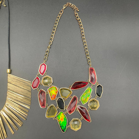 Vintage Style Statement Necklace Lot of 3 Gold Tone Bib Fringe Faux Gemstones