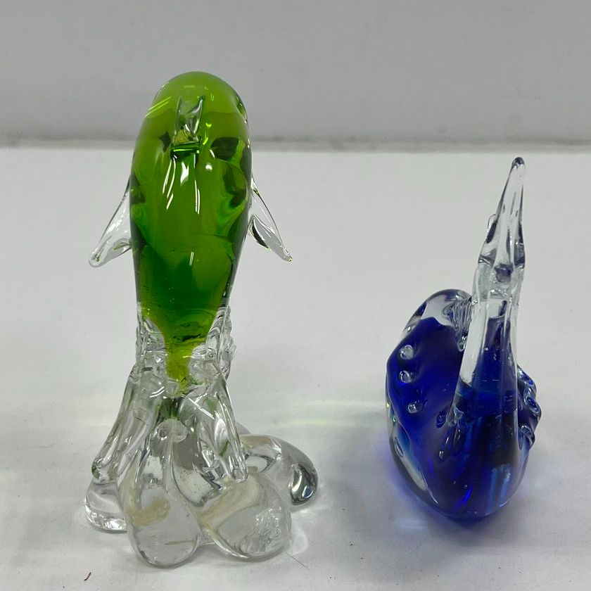 Vintage Murano Style Art Glass Dolphin Figurines Lot 2 Cobalt Blue Lime Green