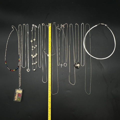 Mixed Costume Jewelry Lot 18 Silver Tone Necklaces Pendants Vintage to Modern