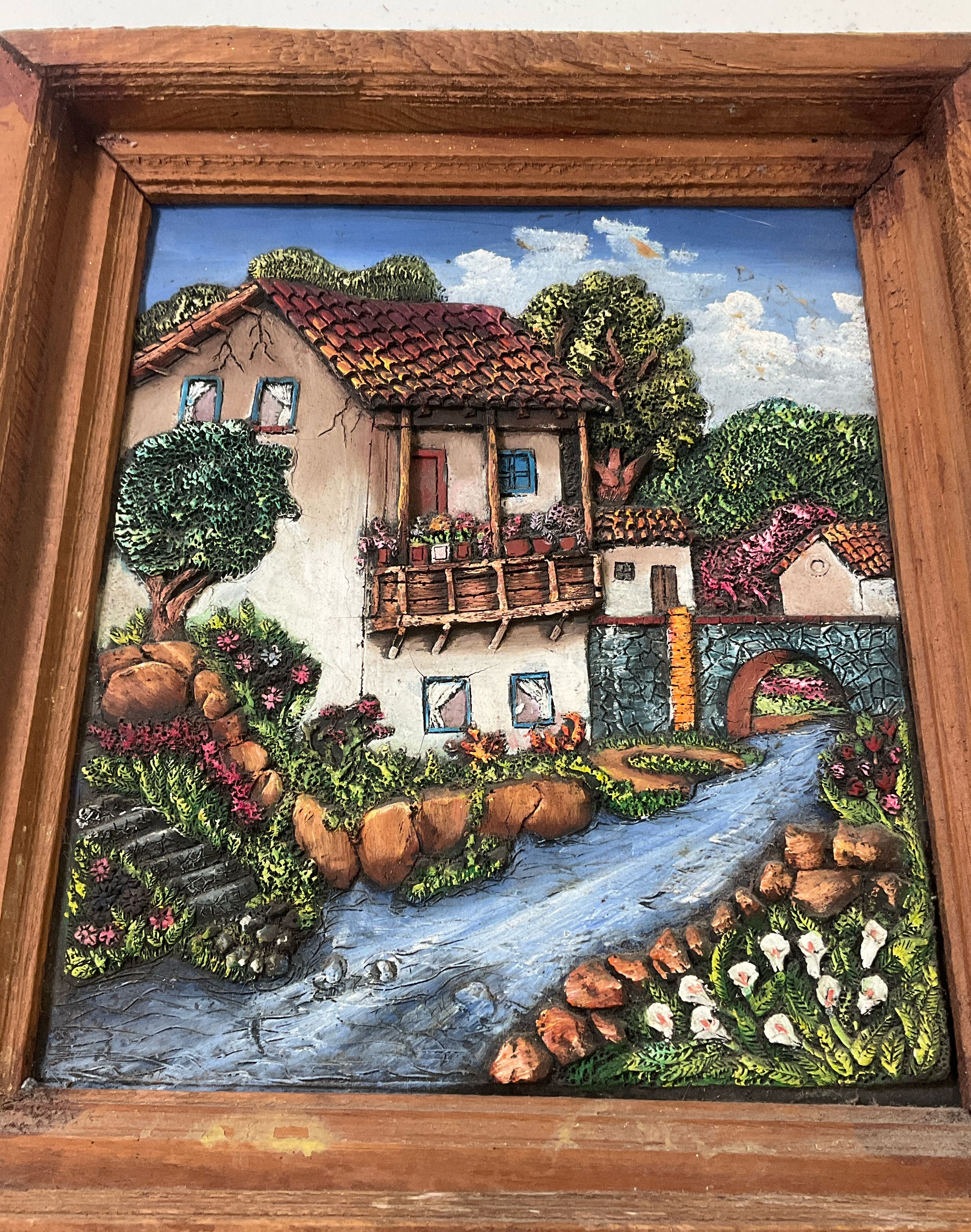 Vintage Framed Terracotta 3D Painting South America House & Stream Approx 14x16