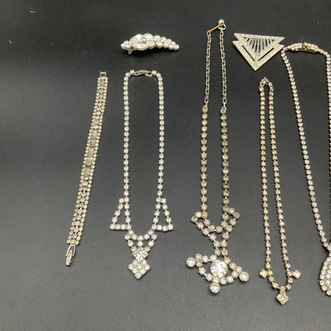 Vintage Mid-Century Rhinestone Costume Jewelry Lot 9pc Necklaces Bracelet Clips