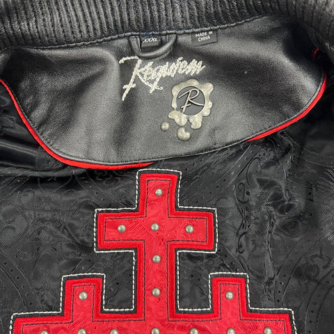 Requiem Men's Black Leather Jacket Ribbed Panels Gothic Cross Lining Sz XXXL