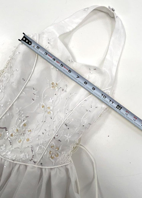Vintage Y2K Girls White Halter Tiered Sequin Flower Girl Formal Dress USA Sz 7