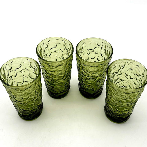 Vintage Pressed Glass Avocado Green Bark Textured Tumblers Set 4 Mid-Century