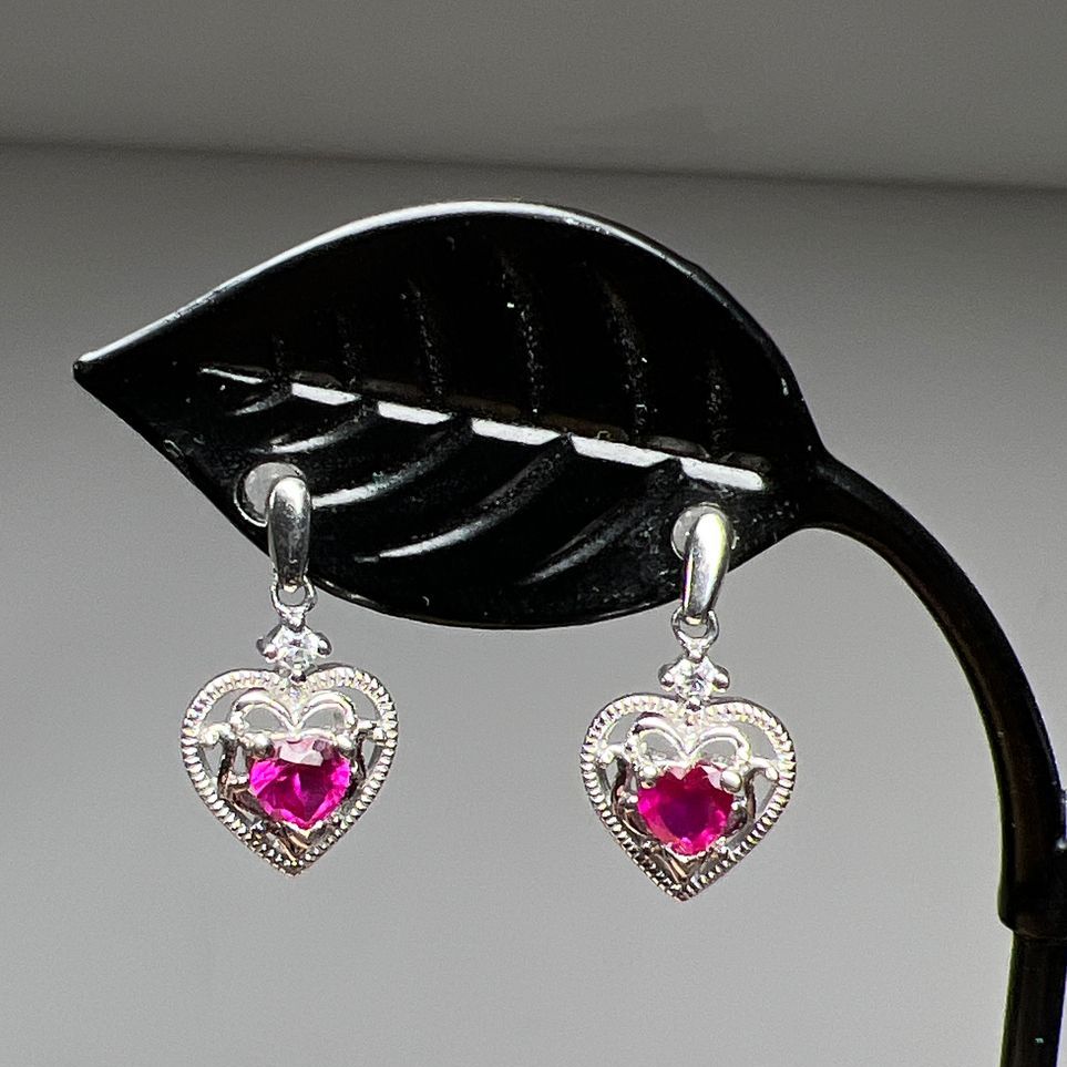 Sterling Silver Filigree Red Ruby Heart CZ Dangle Earrings 2.1g