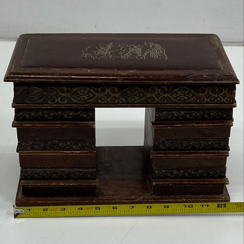 Vintage Wood Desk Jewelry Box Arc de Triomphe Style Greco-Roman Tooled Leather