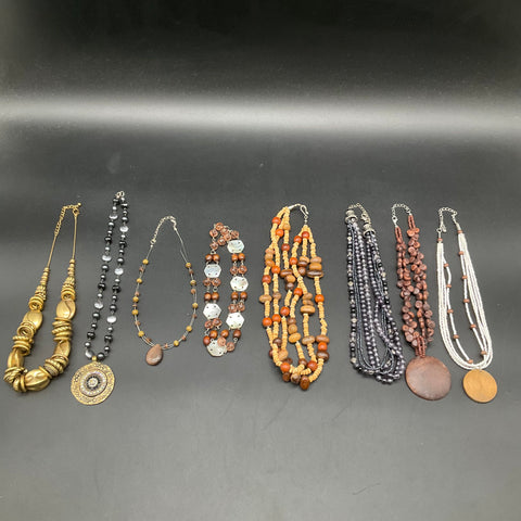 Mixed Costume Jewelry Lot 8 Necklaces Boho Beaded Wooden Gold Tone Statement