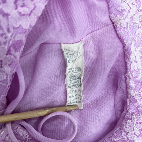 Vintage 70s Lavender Lace Nylon Peignoir Robe ILGWU Made in USA Sz M