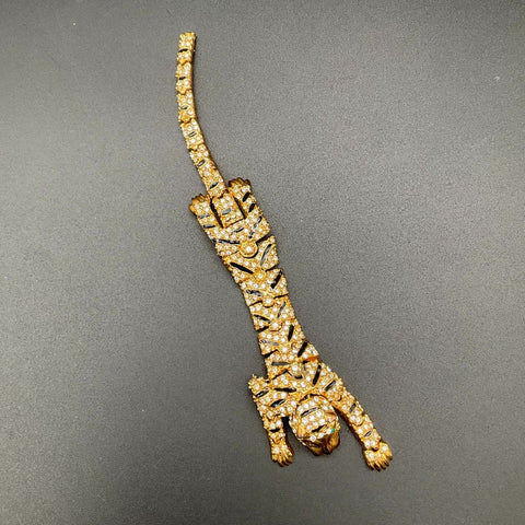 Vintage Articulated Tiger Brooch Pave Rhinestone Black Enamel Over the Shoulder