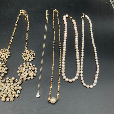 Faux Pearl & Gold Tone Statement Jewelry Lot of 9 Multi-Strand Charm Necklaces