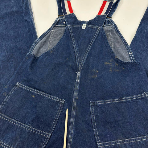 Vintage 90s Key Imperial Denim Bib Overalls Striped Straps Sz 36 x 34