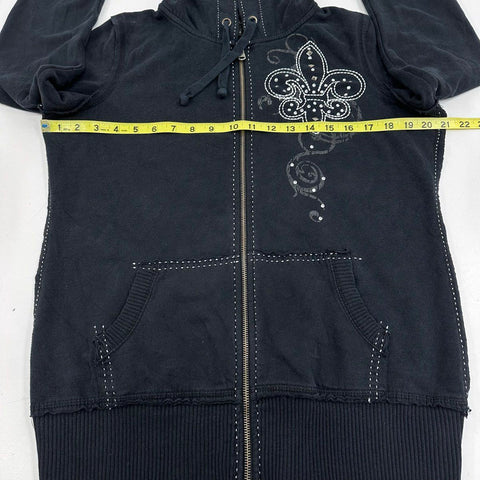 Vanity Women's Black Fleur De Lis Studded Full Zip Hoodie Sz L